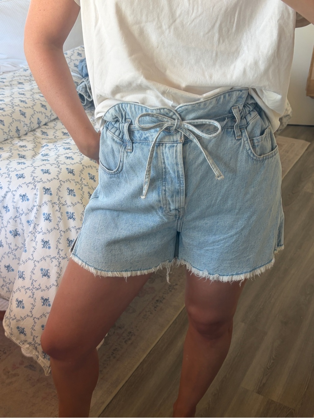 7 For All Mankind Light Blue Denim Paperbag Waist Shorts